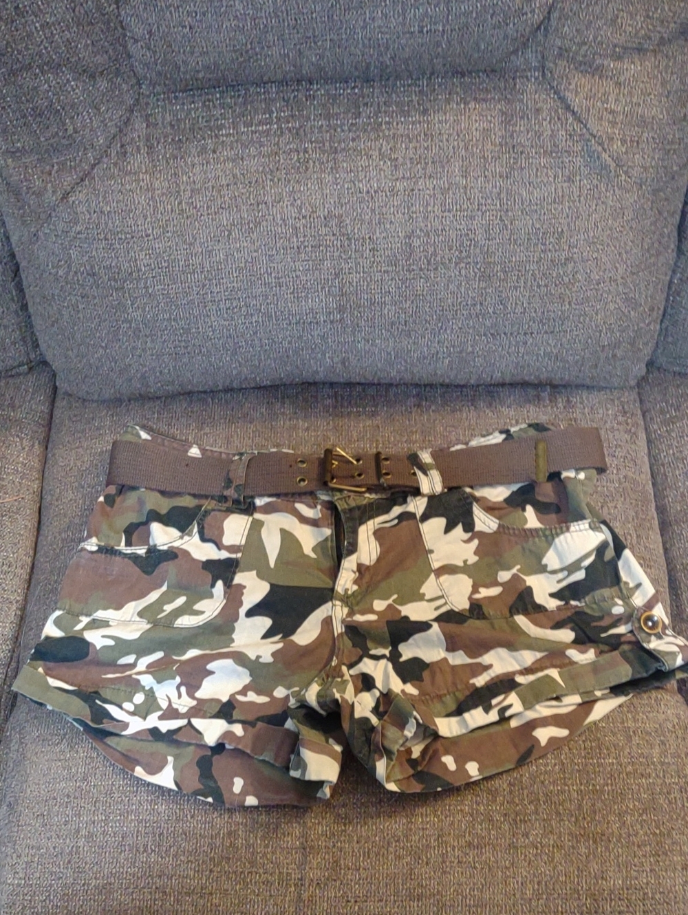 Dollhouse Olive Green and Brown Camo Cargo Shorts with Belt